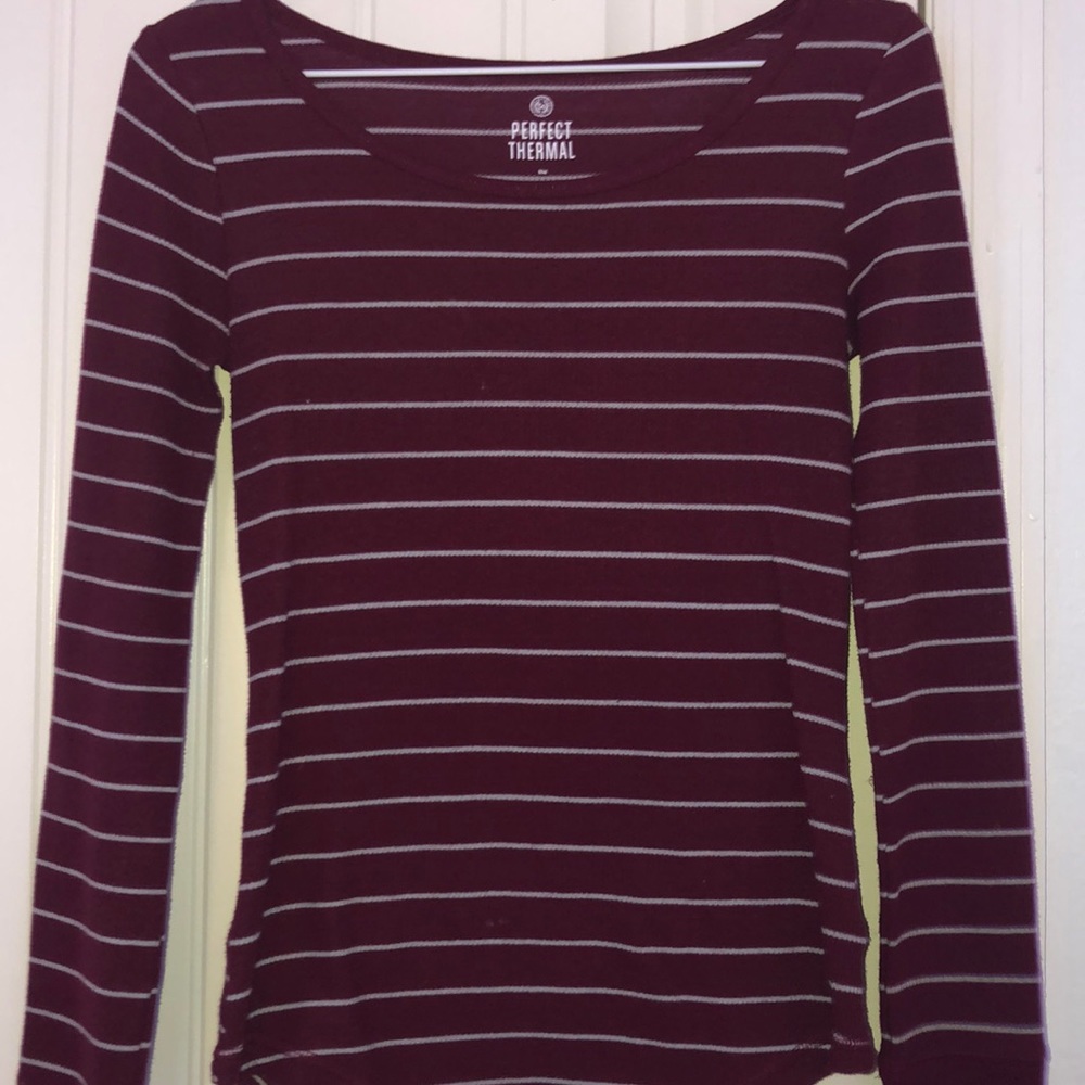 maroon long sleeve shirt with white stripes
